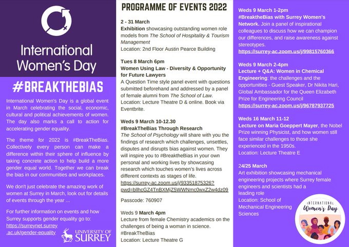 SurreyPsych's tweet photo. In celebration of #IWD2022 we have a great programme of events in the coming month @uniofsurrey.  Check out the programme below 👇  

We celebrate today and every day #internationalwomensday

#breakthebias
#universityofsurrey
#IWD https://t.co/uvn4LhYdx1