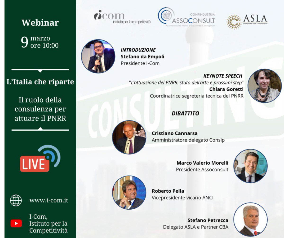 L’Italia che riparte. Il ruolo della #consulenza per attuare il PNRR

Ne parliamo domani alle 10 con <a href="/daempoli/">Stefano da Empoli</a>, Chiara Goretti, <a href="/CCannarsa/">Cristiano Cannarsa</a> (<a href="/Consip_Spa/">Consip</a>), <a href="/Morelli_MarcoV/">Marco V. Morelli</a> (<a href="/assoconsult/">ASSOCONSULT</a>), <a href="/roberto_pella/">Roberto Pella</a> (<a href="/ANCI_comunicare/">ANCIcomunicare</a>) e Stefano Petrecca (<a href="/aslaitalia/">ASLA Associazione</a>).
👉i-com.it/2022/03/09/l-i…