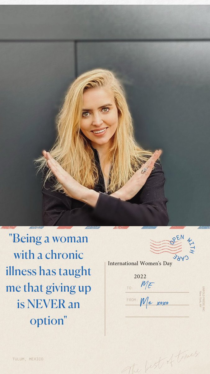 “Being a woman with a #chronicillness has taught me giving up is NEVER an option.” 

#InternationalWomensDay #InternationalWomensDay2022 #iwd #IWD2022 #postcardtome #BreakingTheBias #BreakTheBias #spooniesisterhood #chronicillness #spoonie #DisabilityTwitter