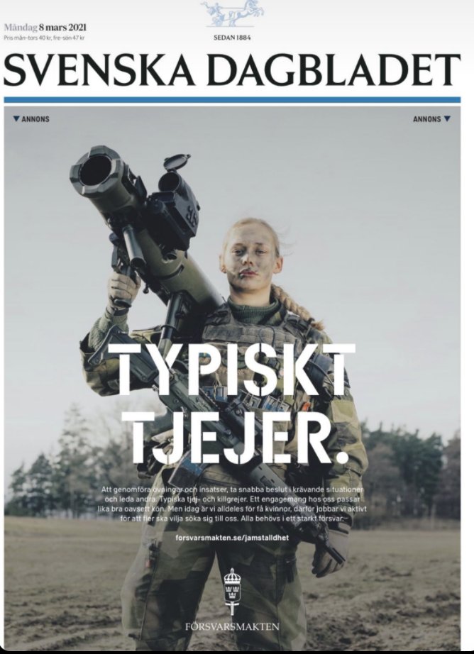 assarsson's tweet photo. Idag minns vi @Forsvarsmakten:s annons på internationella kvinnodagen. För ett år sedan. https://t.co/uM0C8gD9YR