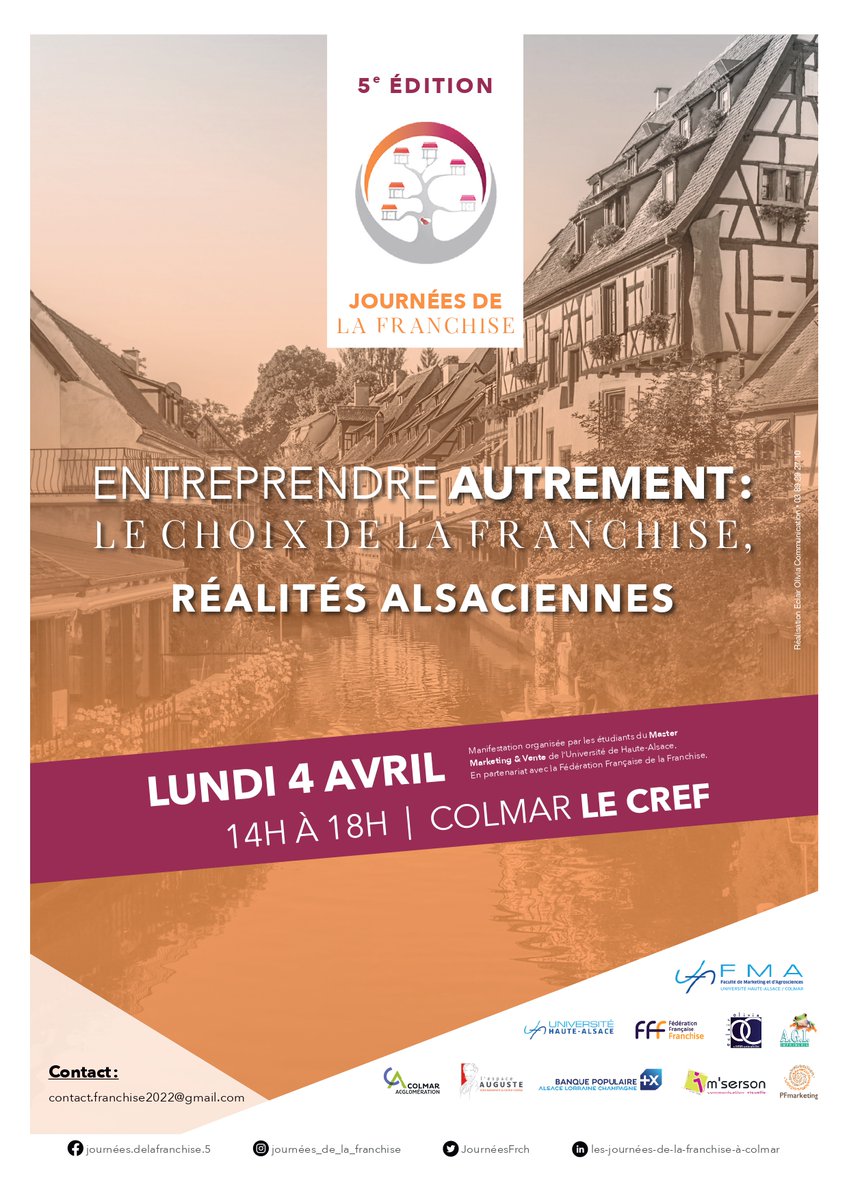5ème Edition des « Journées de la Franchise » ! 
RDV le 4 avril 2022 à Colmar ! 📍
Le thème de cette année sera : « Entreprendre autrement : le choix de la franchise, réalités alsaciennes ».

#franchise #tourisme #alsace #journéesdelafranchise #colmar #entreprendre