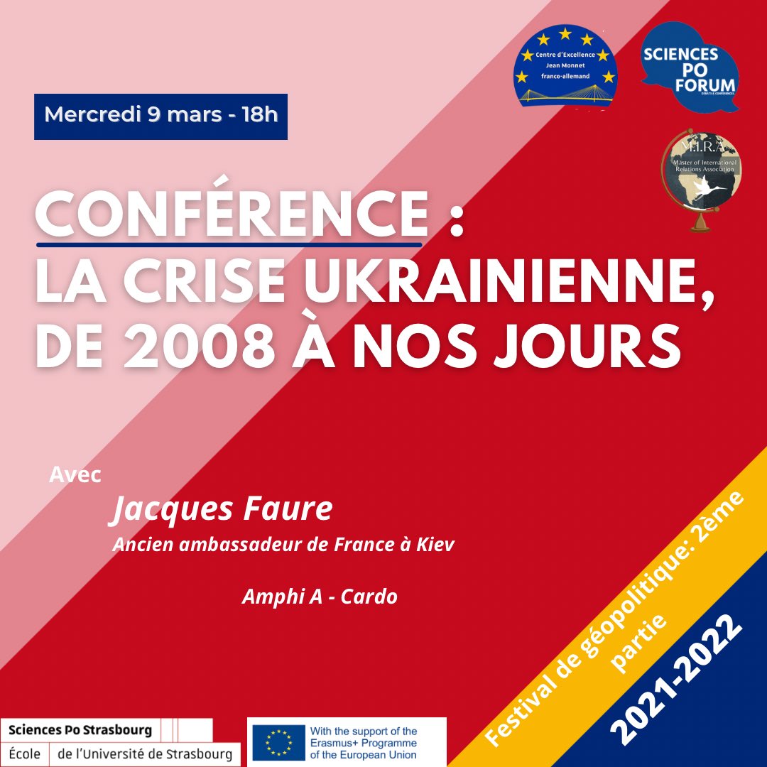 ScPoForum's tweet image. Ne ratez pas l'ouverture du festival de géopolitique, un évènement organisé en partenariat avec @ScPoForum, l'association du Master des Relations Internationales et le Centre d'excellence franco-allemand Jean Monnet !

Première conférence sur la crise ukrainienne, demain 18h ⤵️