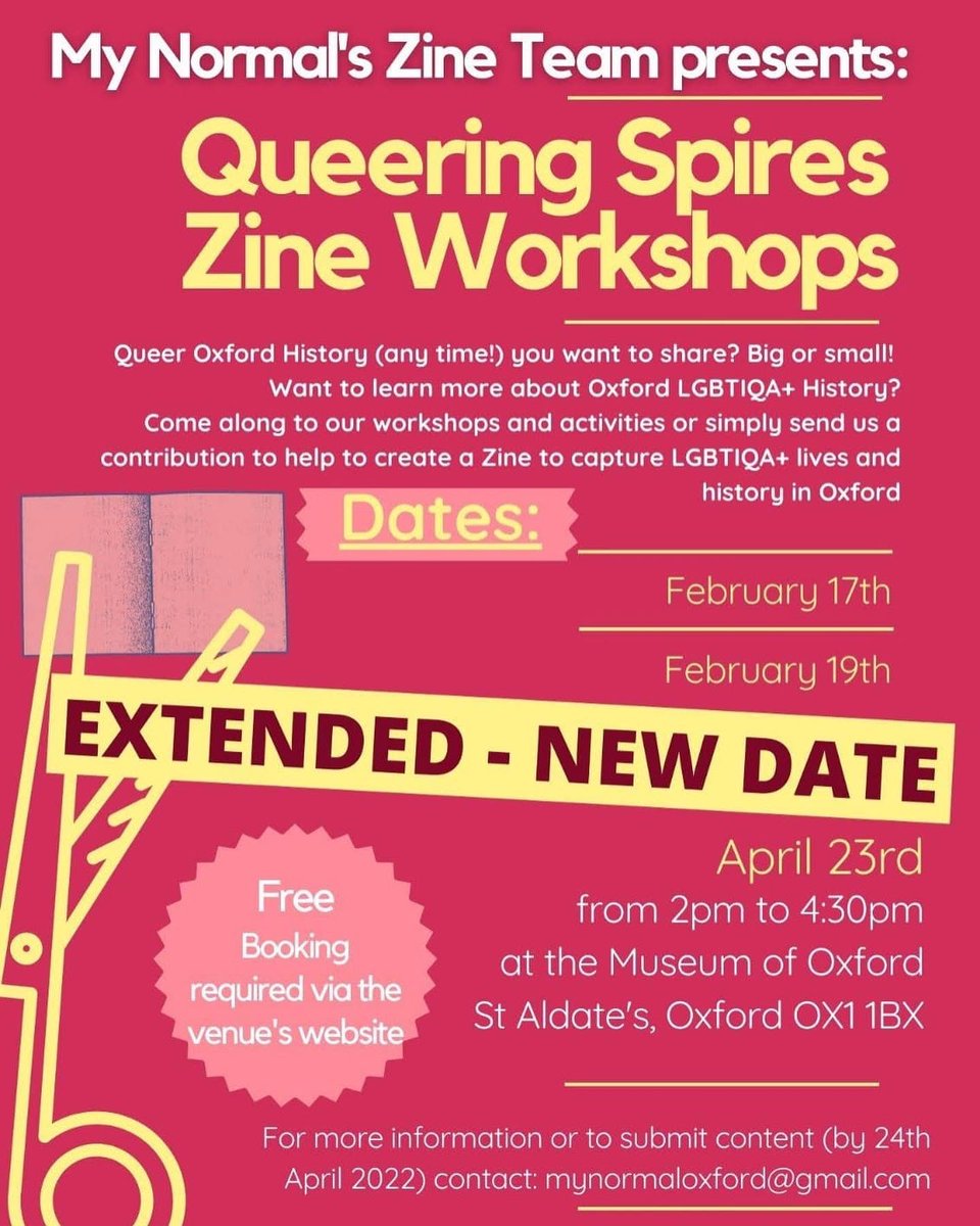 MyNormalOxford's tweet photo. EXTENDED DEADLINE:

After some successful workshops last month we’ve been asked to run another in April at @museumofoxford - free tickets available soon. This also means our contributions are open later &amp; we expect the Zine to be printed and released in June for Pride month 🏳️‍⚧️🏳️‍🌈 https://t.co/0dE9VWKNGc