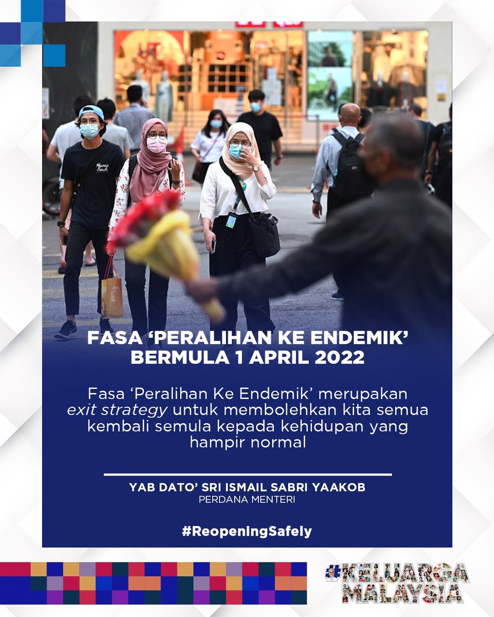 IsmailSabri60's tweet photo. Setelah mengambil kira pelbagai faktor. Sukacita saya umumkan bahawa negara akan memasuki Fasa ‘Peralihan Ke Endemik’ bermula 1 April. https://t.co/vgRQwjBM2C