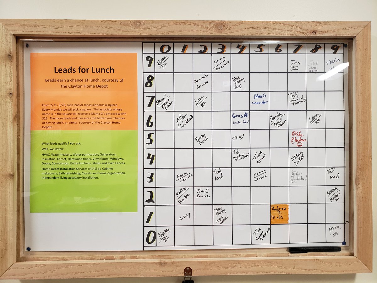 Driving Leads with our Leads for Lunch Square Game! Every time you get a Lead or a Measure, you get to pick a square and enter the drawing for a $25 Lunch! @cole91960676 @AmiRumsey @hollytate122 @wesleycopelan @kimberleybeach @THD_Shauna @QuilliamsJaden