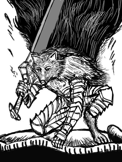 blaidd from elden ring doing guts's pose 