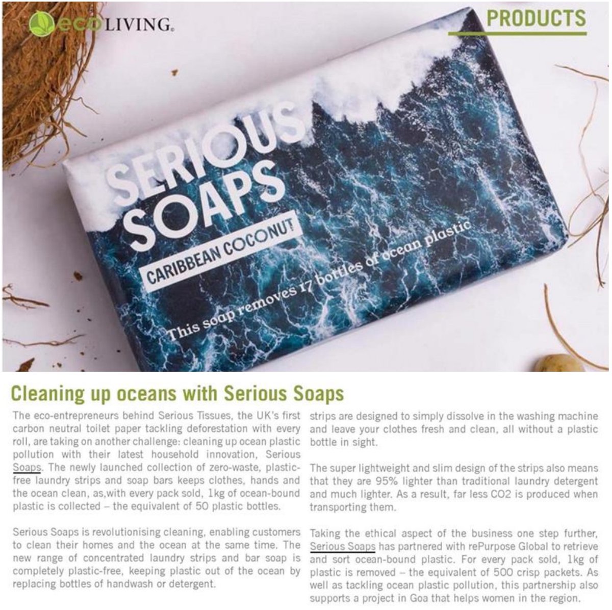 What a lovely sight on a Tuesday morning @SeriousTissues' Serious Soaps in Eco Living! For every bar of soap sold, Serious Soaps removes plastic headed for the ocean 👏 And for every piece of coverage about it, the Warrior team does a little dance 💃 #oceanplastic #saveourseas