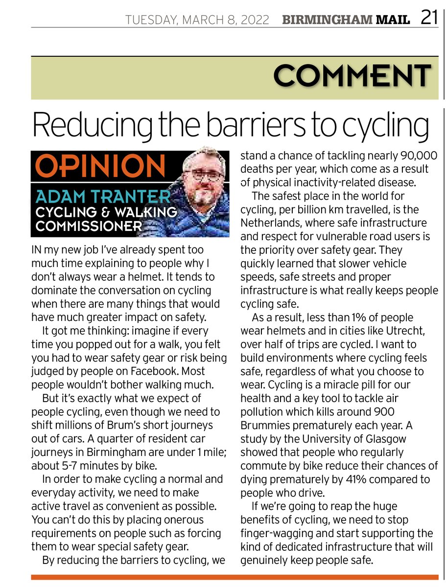 In my new job I've spent too much time explaining why I don't always wear a helmet.

If we're going to reap the benefits of cycling, we need to stop finger-wagging + start backing the kind of infrastructure that will genuinely keep people safe. 

My column for <a href="/birmingham_live/">Birmingham Live</a> 👇