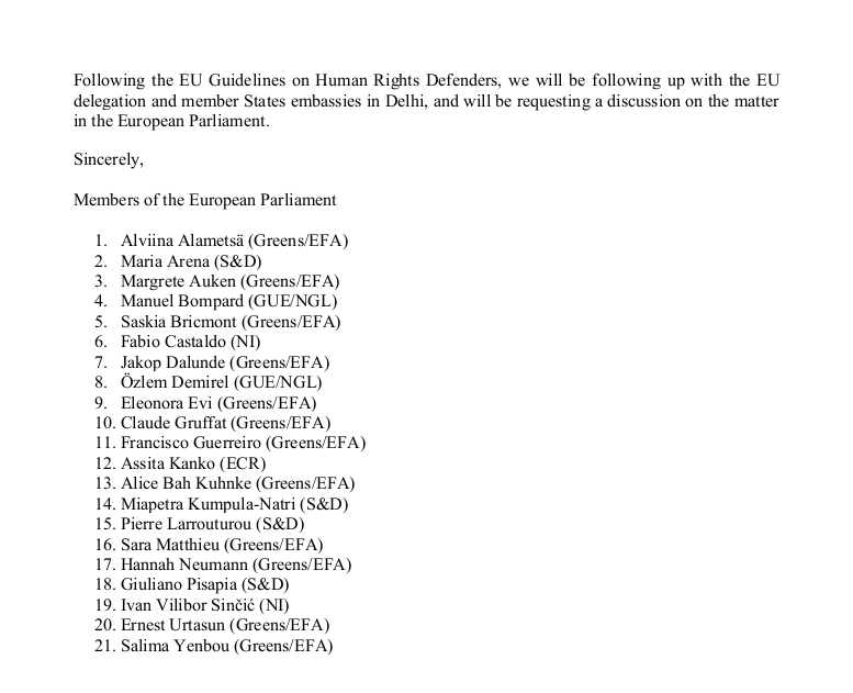 Members of <a href="/Europarl_EN/">European Parliament</a> sent a letter to high level authorities in #India raising the alarm over the dramatic escalation in arrests of HRDs under the #UAPA , incl the #BhimaKoregaon case, CAA protesters &amp; #KhurramParvez, which they condemn in the strongest terms. @alviinaalametsa