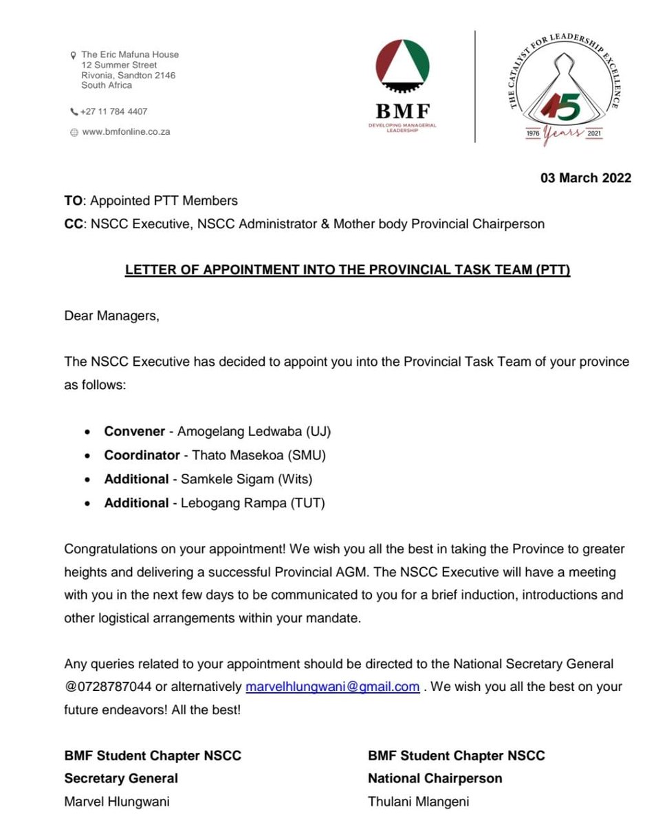 BMFscSMU's tweet photo. We welcome the appointment of the PTT and further wish to congratulate our Branch former Chairperson, @thatokmasekoa on his appointment to coordinate the PTT. Best wishes in office 🔴⚫🟢⚪ https://t.co/1VjsqBChGZ