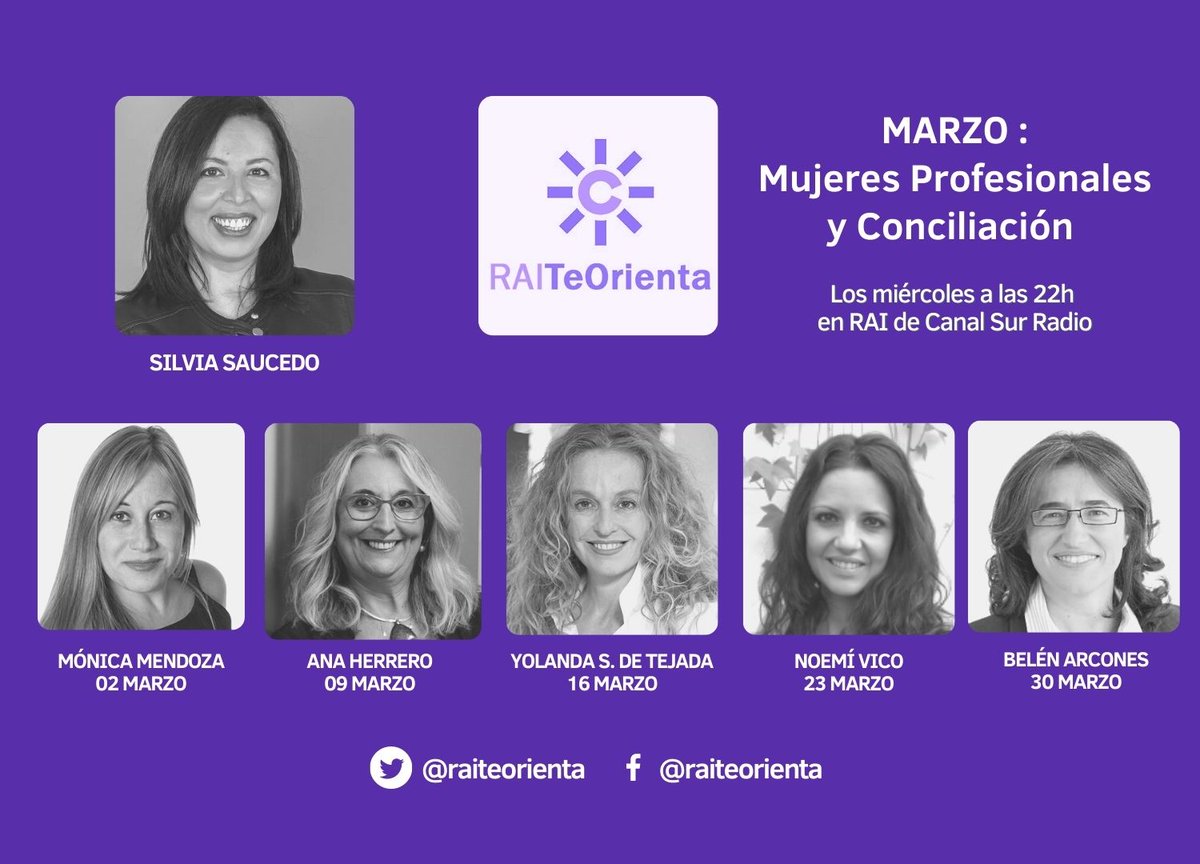 Orientación Laboral en Radio Andalucía Información (@orientacion_csr) on Twitter photo Este mes, #RAITeOrienta se tiñe de morado para dar celebrar el #Diadelamujer2022 con el ciclo "Mujeres Profesionales y #Conciliación" con:
👉🏼<a href="/MonicaVentas/">Mónica Mendoza #Ventas</a>
👉🏼<a href="/AnaHerrero/">Ana Herrero</a>
👉🏼<a href="/yolandasaenzdet/">Yolanda Sáenz de Tejada y Vázquez - Visibilidad</a>
👉🏼<a href="/_TIRURIRU_/">Noemí Vico 🏡😷 ⭐️⭐️</a>
👉🏼<a href="/BelenArcones/">Ana Belen Arcones 📚</a>
#DiaInternacionalDeLaMujer #Diadelamujer #8M #radio Este mes, #RAITeOrienta se tiñe de morado para dar celebrar el #Diadelamujer2022 con el ciclo "Mujeres Profesionales y #Conciliación" con:
👉🏼<a href="/MonicaVentas/">Mónica Mendoza #Ventas</a>
👉🏼<a href="/AnaHerrero/">Ana Herrero</a>
👉🏼<a href="/yolandasaenzdet/">Yolanda Sáenz de Tejada y Vázquez - Visibilidad</a>
👉🏼<a href="/_TIRURIRU_/">Noemí Vico 🏡😷 ⭐️⭐️</a>
👉🏼<a href="/BelenArcones/">Ana Belen Arcones 📚</a>
#DiaInternacionalDeLaMujer #Diadelamujer #8M #radio