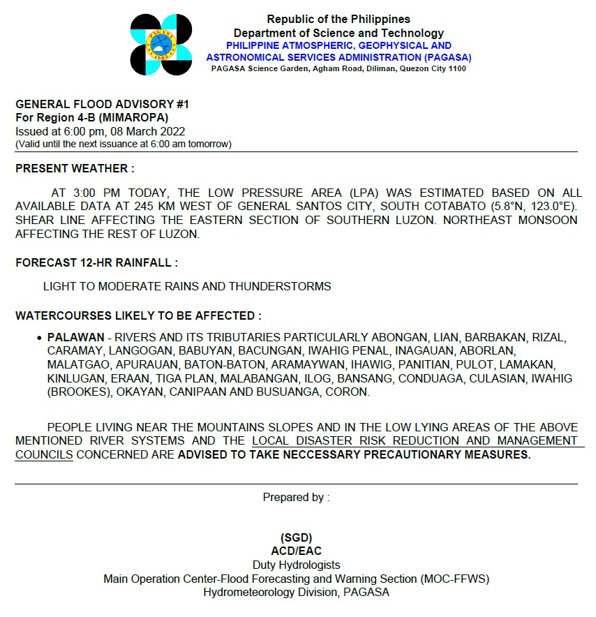 dost_pagasa's tweet photo. General Flood Advisories (GFAs)
Issued @ 6PM, 08 March 2022
Region 4B (MIMAROPA) -#GFA1
Region 5 (Bicol Region) - #GFA5 (Final) https://t.co/VRHOLifArU