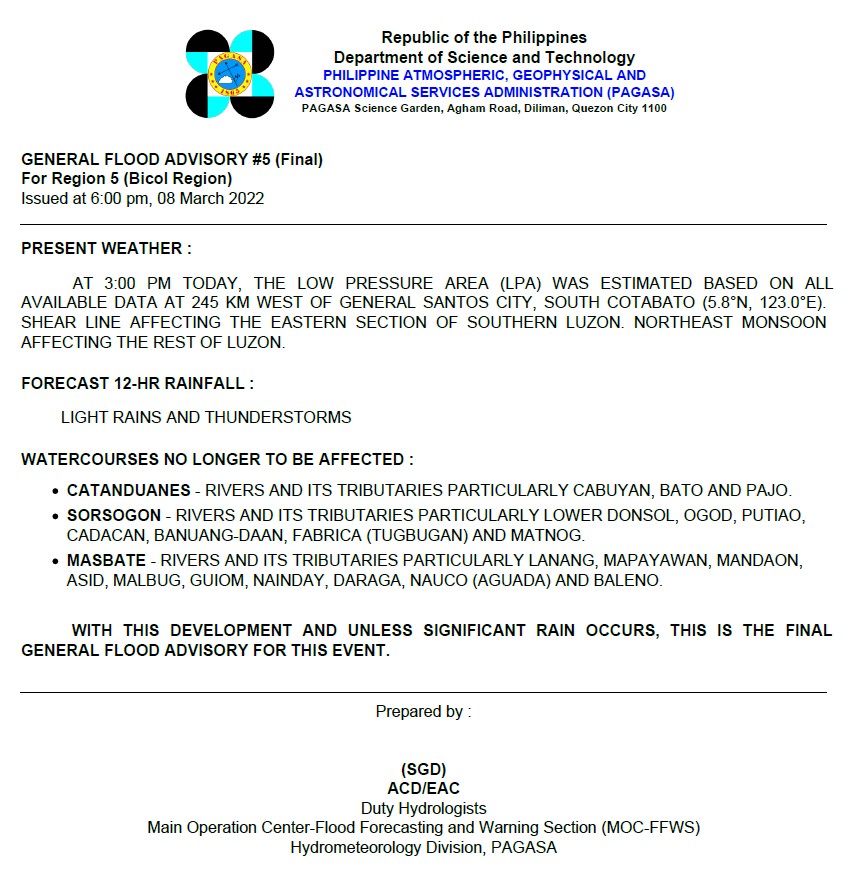 dost_pagasa's tweet photo. General Flood Advisories (GFAs)
Issued @ 6PM, 08 March 2022
Region 4B (MIMAROPA) -#GFA1
Region 5 (Bicol Region) - #GFA5 (Final) https://t.co/VRHOLifArU