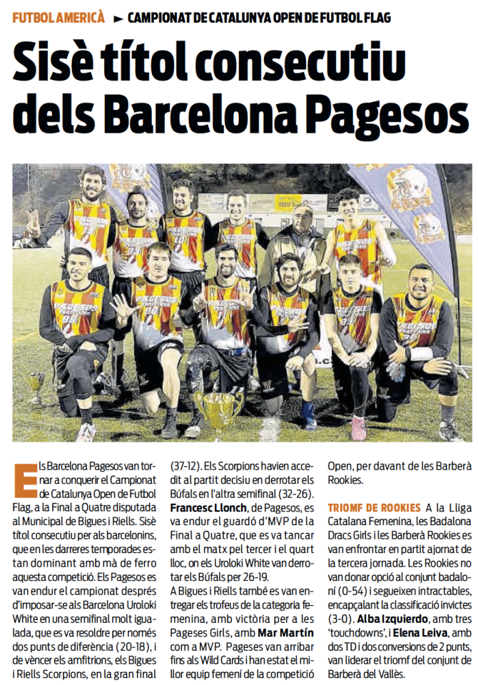 FCFAtwi's tweet photo. 🏈 FCFA | El triomf dels @bcnpagesos a la Final a Quatre del #CCFFOpen i la #LCFAFemenina, a les planes de l'@sport d'avui, a la secció de la @UFECcat
#FCFA #FutbolFlag #flagfootball #americanfootball @esportcat @BiguesFootball @Uroloki @bufals @barberarookies @DRACS_GIRLS https://t.co/xr1bJyo7y7
