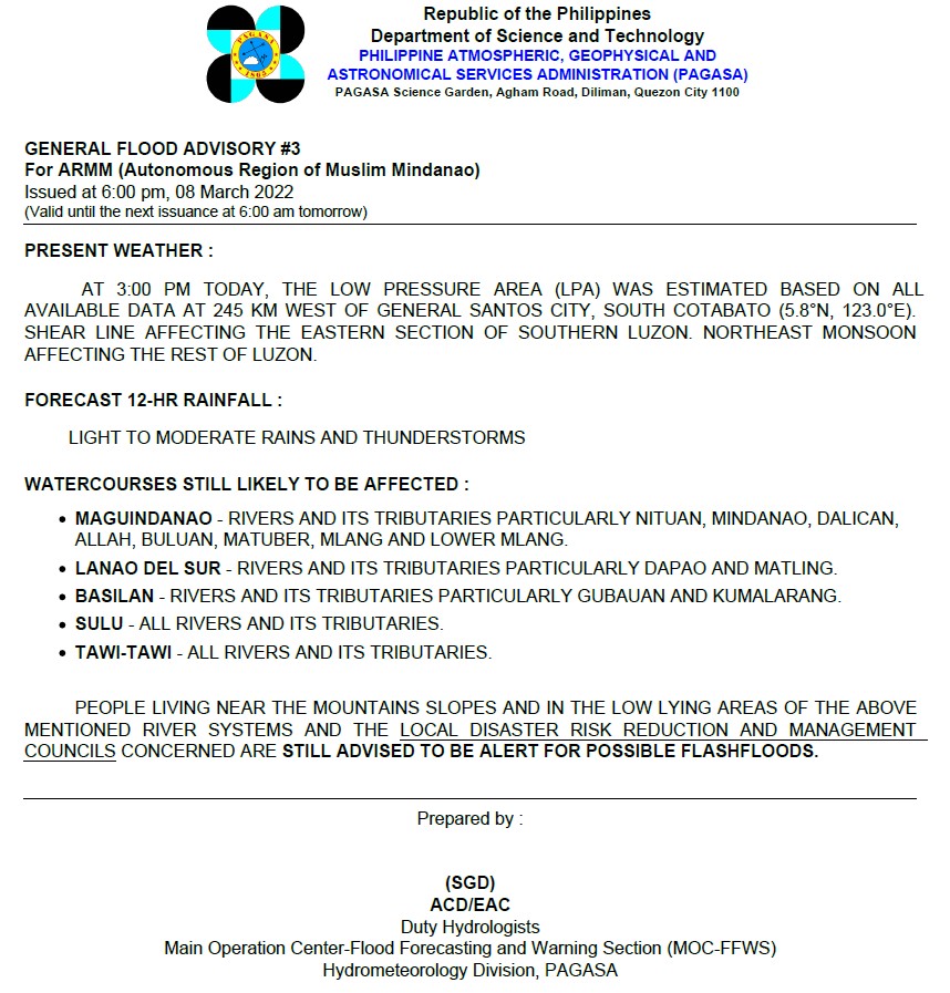 dost_pagasa's tweet photo. General Flood Advisories (GFAs)
Issued @ 6PM, 08 March 2022
Region 10 (Northern Mindanao) - #GFA5
Region 12 (SOCCKSARGEN) - #GFA3
Region 13 (CARAGA) - #GFA8
BARMM - #GFA3 https://t.co/wceOAcwlfT