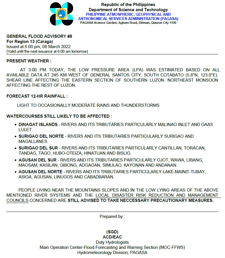 dost_pagasa's tweet photo. General Flood Advisories (GFAs)
Issued @ 6PM, 08 March 2022
Region 10 (Northern Mindanao) - #GFA5
Region 12 (SOCCKSARGEN) - #GFA3
Region 13 (CARAGA) - #GFA8
BARMM - #GFA3 https://t.co/wceOAcwlfT