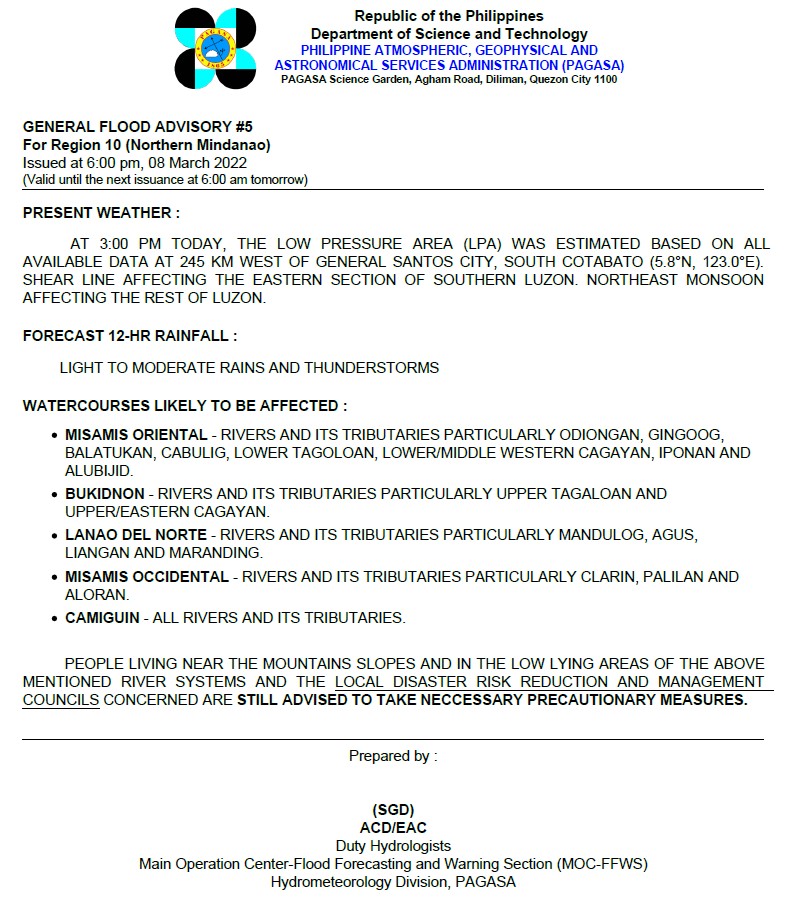 dost_pagasa's tweet photo. General Flood Advisories (GFAs)
Issued @ 6PM, 08 March 2022
Region 10 (Northern Mindanao) - #GFA5
Region 12 (SOCCKSARGEN) - #GFA3
Region 13 (CARAGA) - #GFA8
BARMM - #GFA3 https://t.co/wceOAcwlfT
