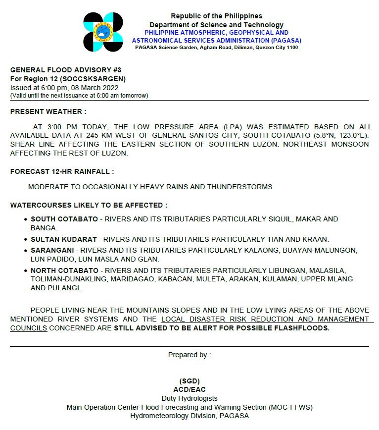 dost_pagasa's tweet photo. General Flood Advisories (GFAs)
Issued @ 6PM, 08 March 2022
Region 10 (Northern Mindanao) - #GFA5
Region 12 (SOCCKSARGEN) - #GFA3
Region 13 (CARAGA) - #GFA8
BARMM - #GFA3 https://t.co/wceOAcwlfT