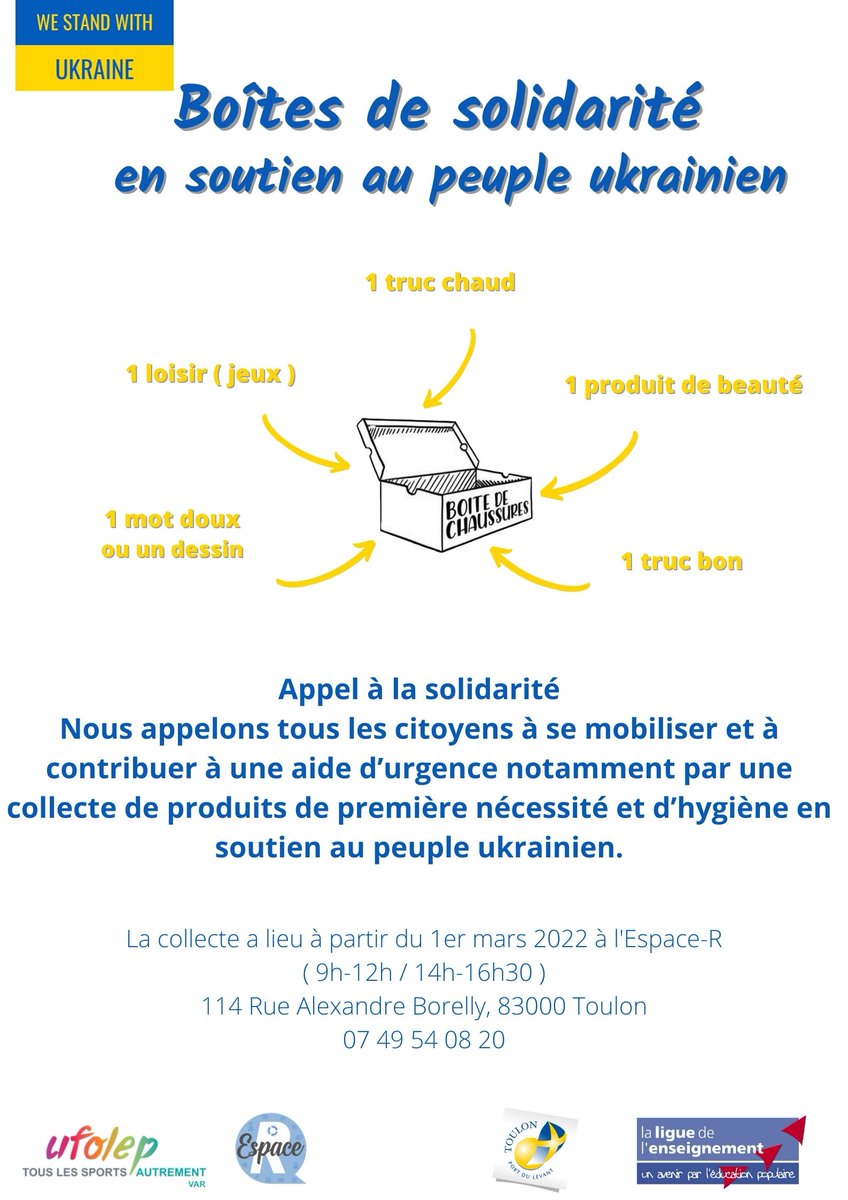FOL_83's tweet photo. //SOLIDARITÉ UKRAINE // 
En solidarité avec le peuple ukrainien, nous vous invitons à contribuer à une aide d'urgence, notamment par une collecte de produits de première nécessité et d'hygiène.
La collecte s'effectue à l' Espace R  #solidarité #ukrainian #stopwar https://t.co/0tc5gnOkQw
