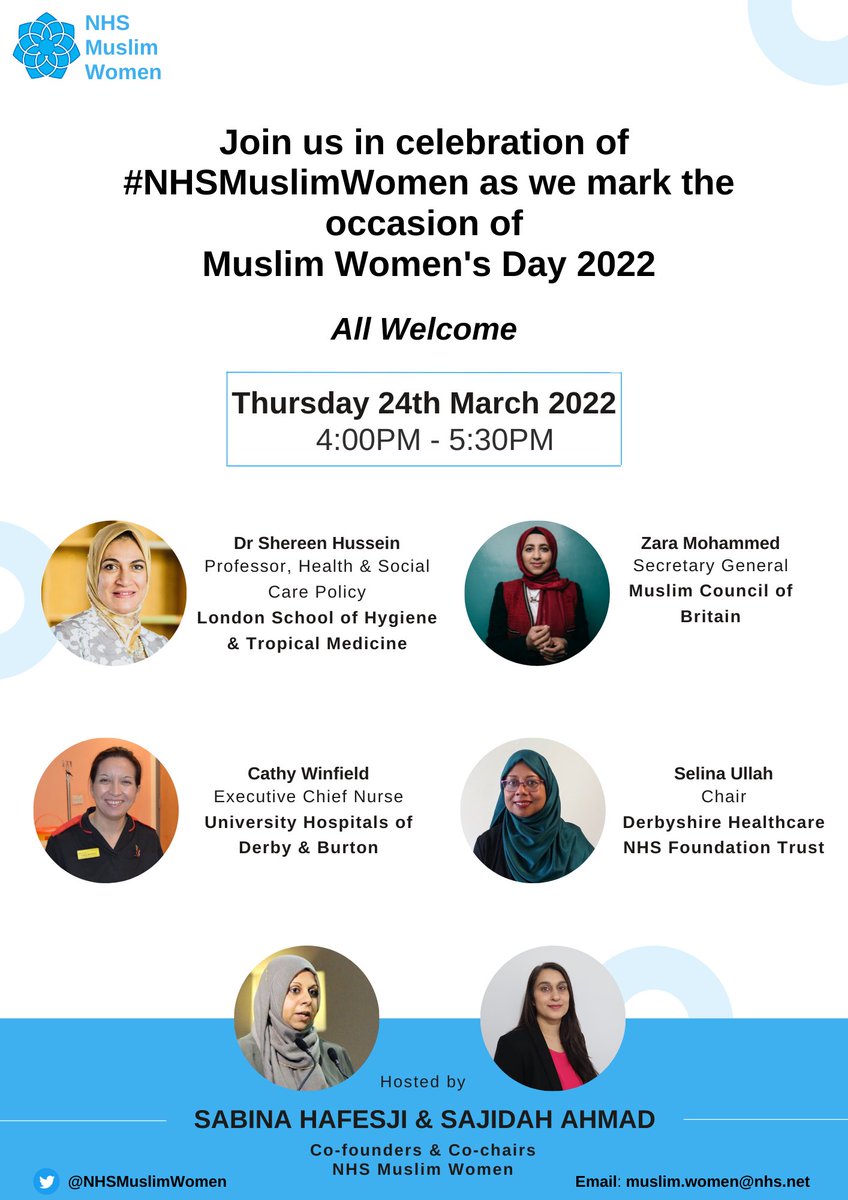 We are very excited to announce our #MuslimWomensDay event this #InternationalWomensDay #IWD2022 All welcome to join us and our fantastic panel in a celebration of #NHSMuslimWomen Register now: bit.ly/34oHGfb
