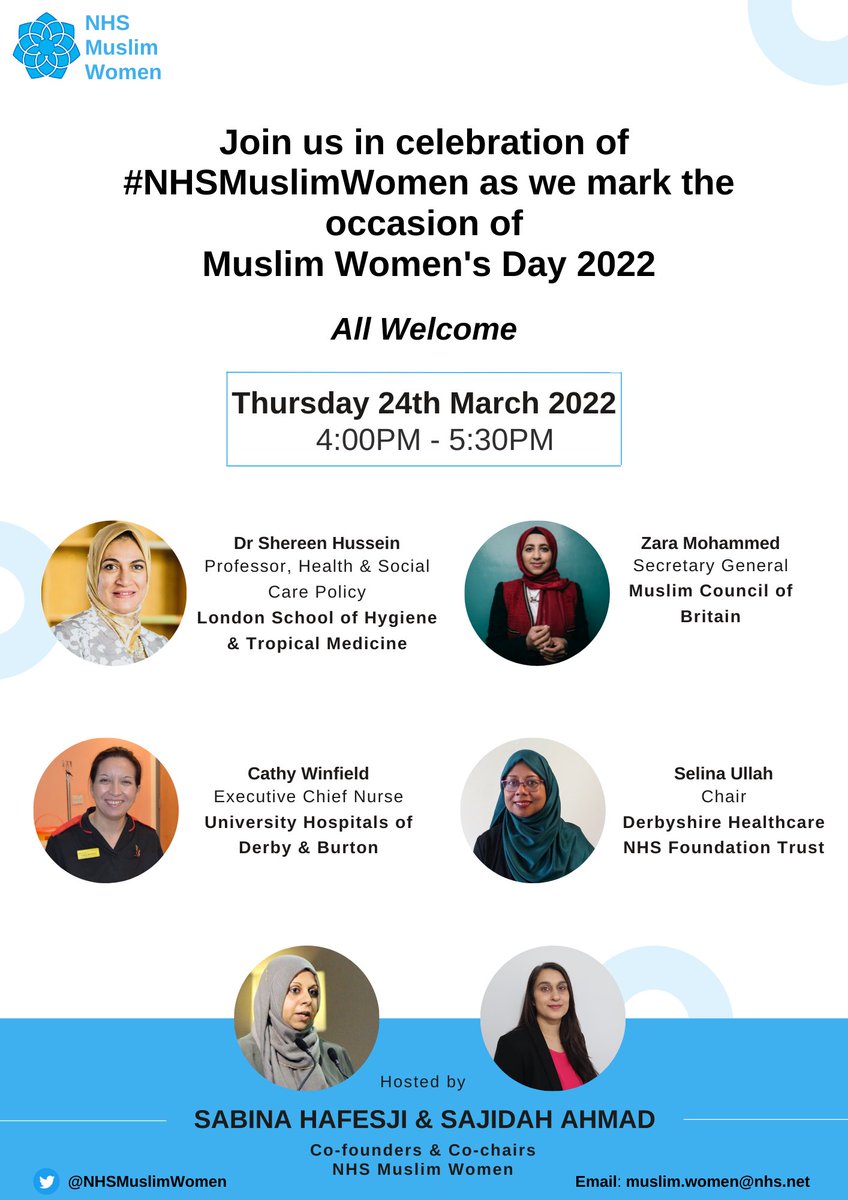 NHSMuslimWomen's tweet photo. We are very excited to announce our #MuslimWomensDay event this #InternationalWomensDay #IWD2022 

All welcome to join us and our fantastic panel in a celebration of #NHSMuslimWomen

Register now: https://t.co/HUf89pl8QQ https://t.co/fNarhJNKCc