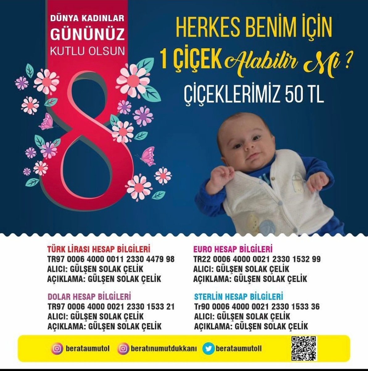 berataumutoll's tweet photo. 8 Mart Dünya Kadınlar Günü kutlu olsun 💐💐

Birer çiçek alarak bana nefes olur musunuz ?

Vodafone ve Türk Telekom kullanıcıları BERAT yazarak 6323'e göndererek 20₺ destek olabilirsiniz.

Berat için gönüllü olmak ister misiniz ?

#berataumutol #BeratınYıldızıOlurmusun #smatype1 https://t.co/mJuB9AQpbX
