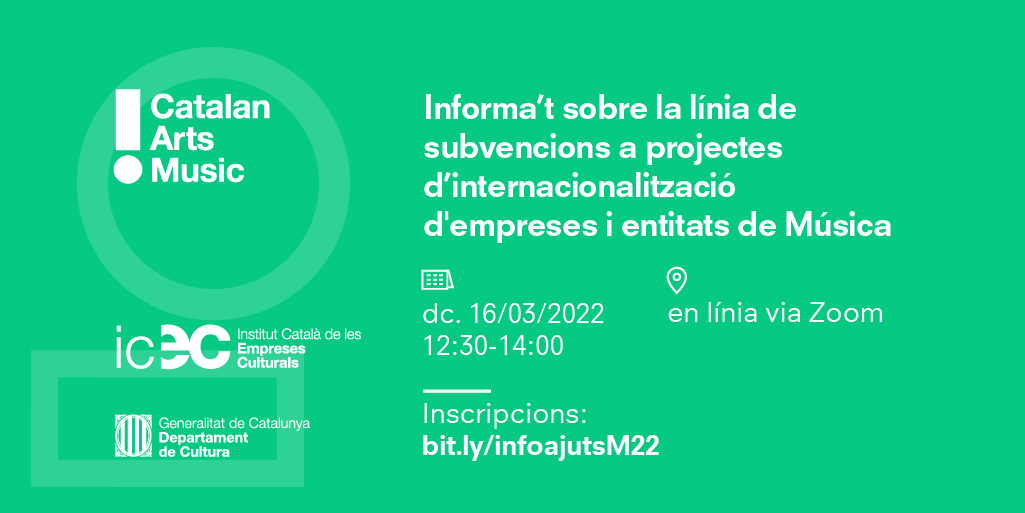 Coneix la línia d'#ajuts a projectes d'#internacionalització d'empreses i entitats de #Música. <a href="/cultura_cat/">Cultura</a> <a href="/icec_cat/">Empreses culturals</a>

Organitzem una sessió informativa:
🗓️ dc. 16 març, 12:30
💻 en línia
✍️ Inscripcions: bit.ly/infoajutsM22

+Info: bit.ly/3hMwpIz