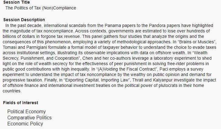 Thrilled to present dissertation work <a href="/APSAtweets/">APSA</a> alongside amazing scholars!

Look out for "The Politics of Tax (Non)Compliance", come September in Montreal!

First time organizing a panel and actively seeking folks with similar topics -- made me so enthusiastic about research!