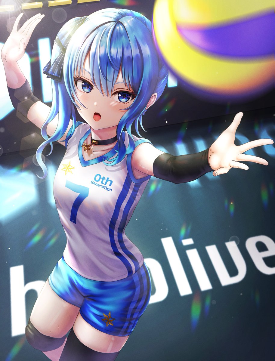 hoshimachi suisei 1girl volleyball volleyball uniform blue hair blue eyes solo shorts  illustration images