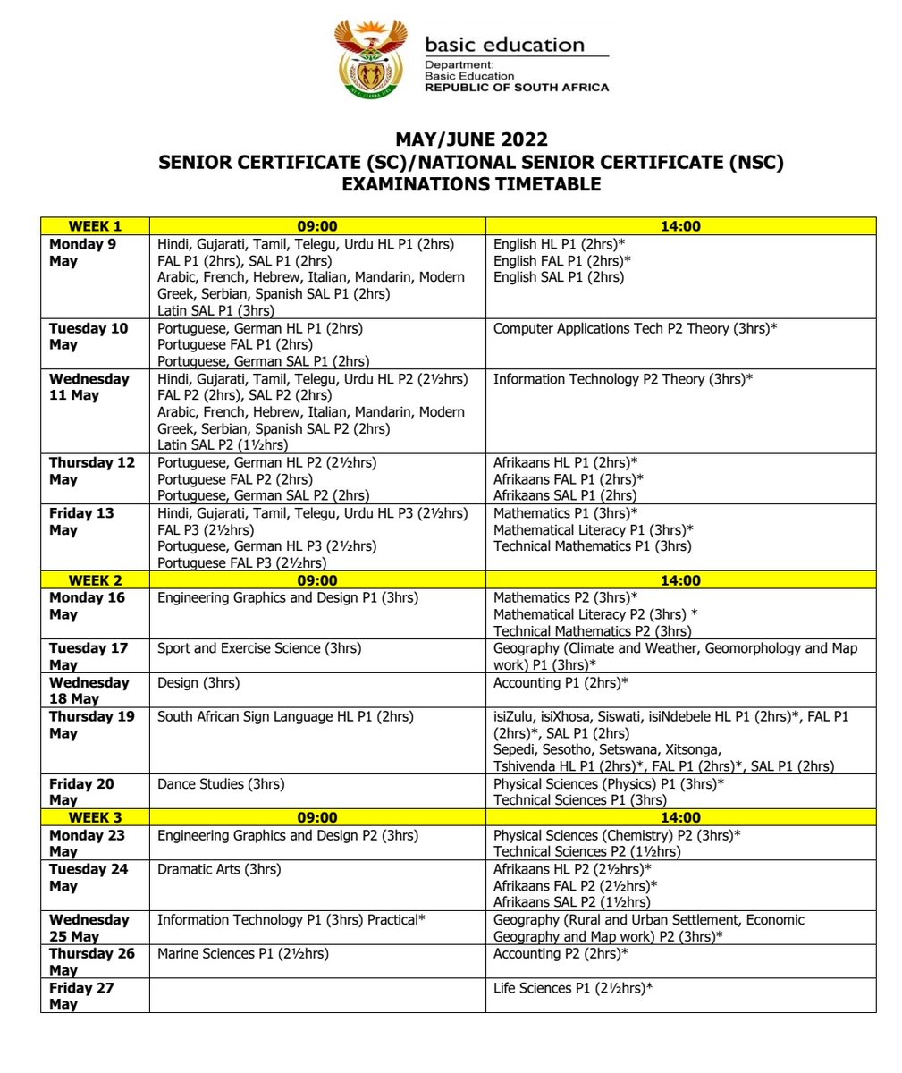 DBE_SA's tweet photo. The 2022 May/June NSC/SC examination timetable has been finalised. 

Candidates for the upcoming exams are left with 2 months to prepare. We urge you to use your time wisely.

#SecondChanceExams https://t.co/gRpt0XzmFD