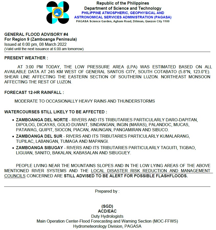 dost_pagasa's tweet photo. General Flood Advisories (GFAs) 
Issued @ 6PM, 08 March 2022

Region 6 (Western Visayas) -#GFA4 (Final)
Region 7 (Central Visayas) - #GFA5 
Region 8 (Eastern Visayas) - #GFA6
Region 9 (Zamboanga Peninsula) - #GFA4 https://t.co/x6THDyLg6H