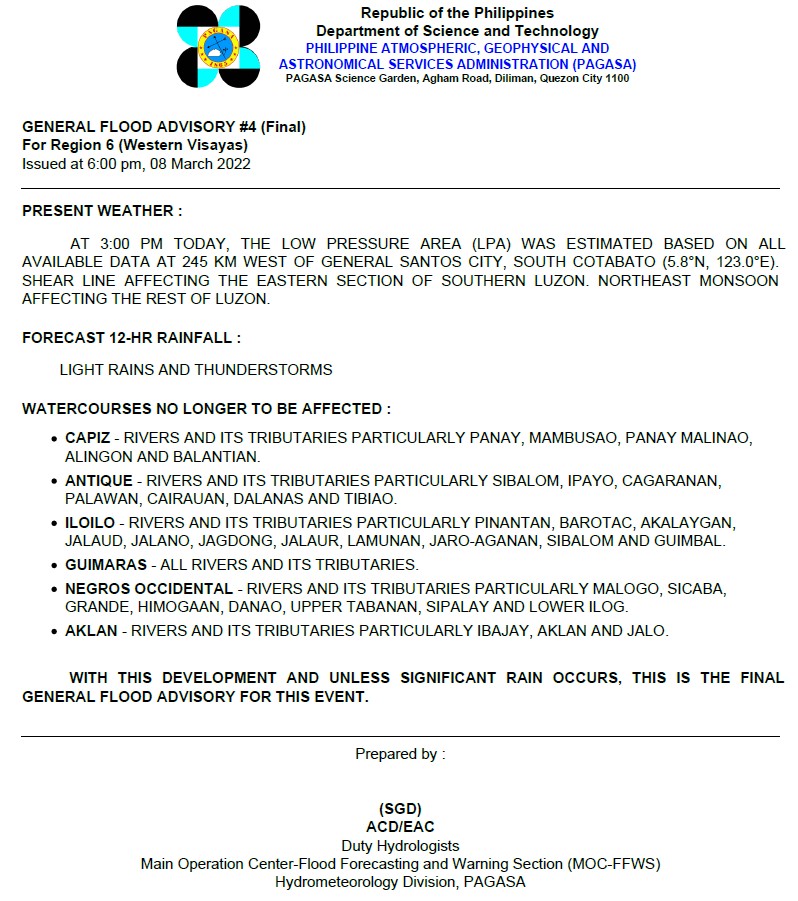 dost_pagasa's tweet photo. General Flood Advisories (GFAs) 
Issued @ 6PM, 08 March 2022

Region 6 (Western Visayas) -#GFA4 (Final)
Region 7 (Central Visayas) - #GFA5 
Region 8 (Eastern Visayas) - #GFA6
Region 9 (Zamboanga Peninsula) - #GFA4 https://t.co/x6THDyLg6H