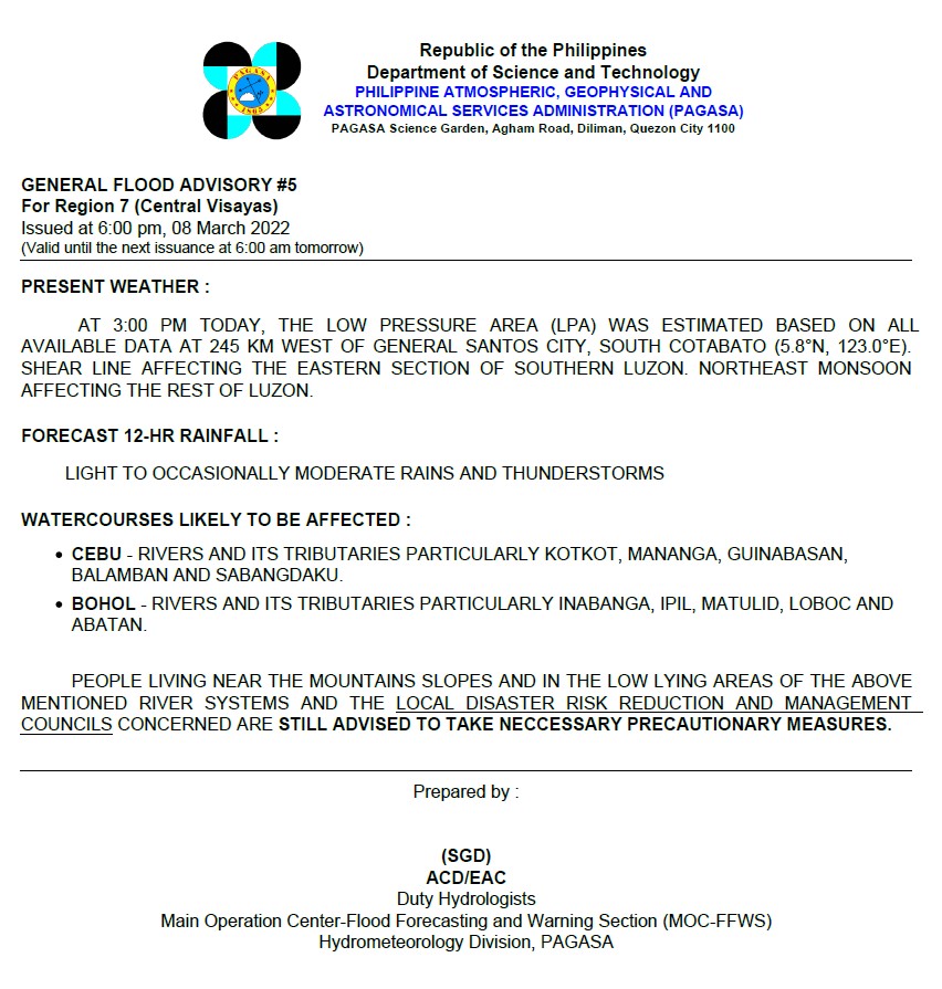 dost_pagasa's tweet photo. General Flood Advisories (GFAs) 
Issued @ 6PM, 08 March 2022

Region 6 (Western Visayas) -#GFA4 (Final)
Region 7 (Central Visayas) - #GFA5 
Region 8 (Eastern Visayas) - #GFA6
Region 9 (Zamboanga Peninsula) - #GFA4 https://t.co/x6THDyLg6H