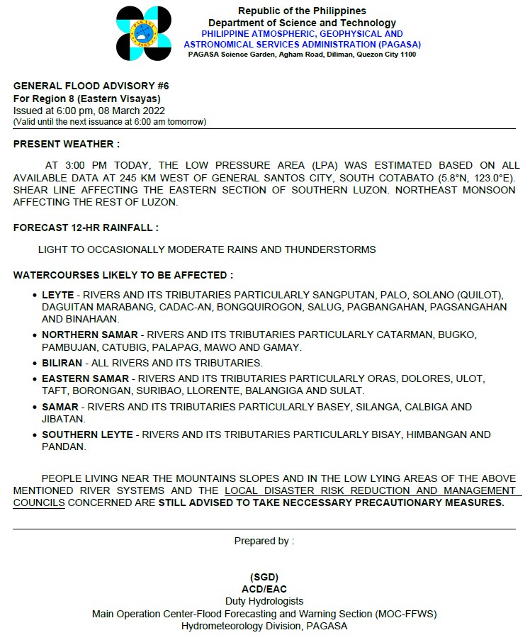 dost_pagasa's tweet photo. General Flood Advisories (GFAs) 
Issued @ 6PM, 08 March 2022

Region 6 (Western Visayas) -#GFA4 (Final)
Region 7 (Central Visayas) - #GFA5 
Region 8 (Eastern Visayas) - #GFA6
Region 9 (Zamboanga Peninsula) - #GFA4 https://t.co/x6THDyLg6H