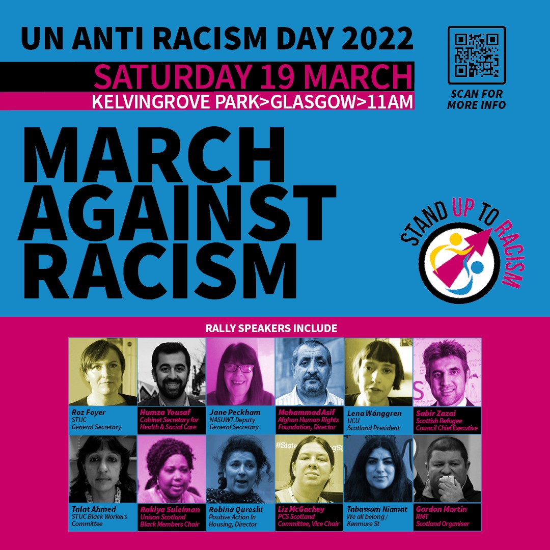 SUTRScotland's tweet photo. 📢🚨 Initial speakers announced for the #MarchAgainstRacism 
More to be announced. 
Spread the word! Kelvingrove Park 11am #M19. In 11 days, we take to the streets for a #WorldAgainstRacism #Unions4Unity #UnionsAgainstRacism #AllRefugeesWelcome #NationalityBordersBill https://t.co/WxbwUPjD5l