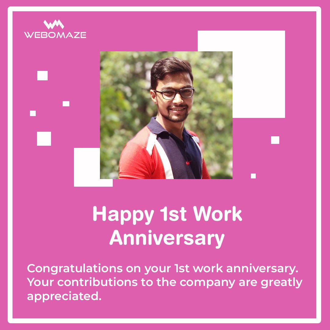 Webomaze's tweet photo. webomaze_technologies
#Webomazians wishing you a very #HappyWorkAnniversary 
Your work ethics are commendable and so are you as an inspiring individual. We are glad to have you amongst us. Kudos to your amazing year of work!
#workanniversary #workanniversarycelebration #webomaze https://t.co/aCVd9dfQmO