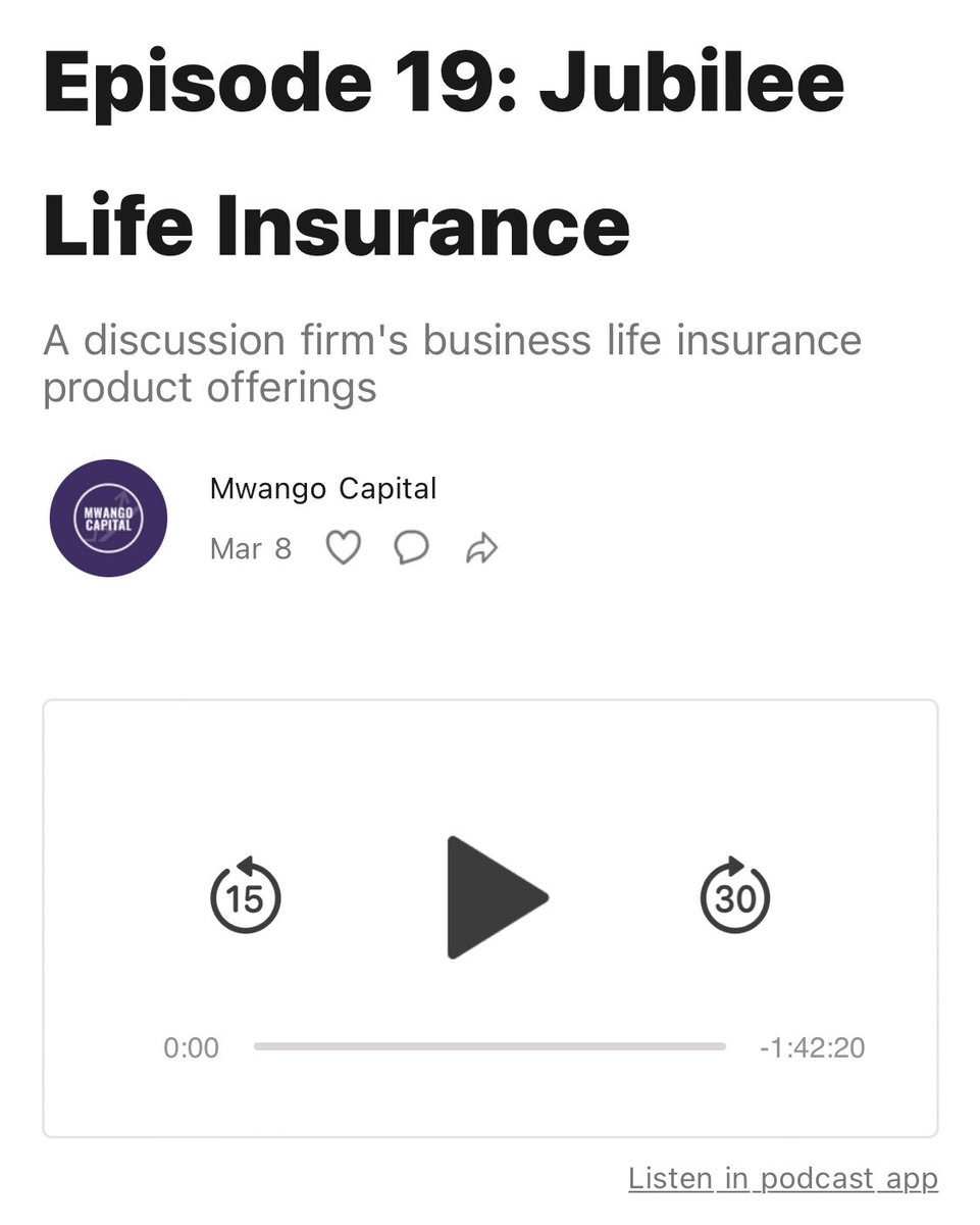 MwangoCapital's tweet photo. Episode 19 of The Mwango Podcast is up.

We host Jubilee Insurance [@JubileeInsKE]’s CEO Julius Kipngetich [@Kipngetichjk] and his team to talk about the company’s life insurance product offerings  and benefits.

Link: https://t.co/G0GlGy72DI https://t.co/liyc5EWrfG