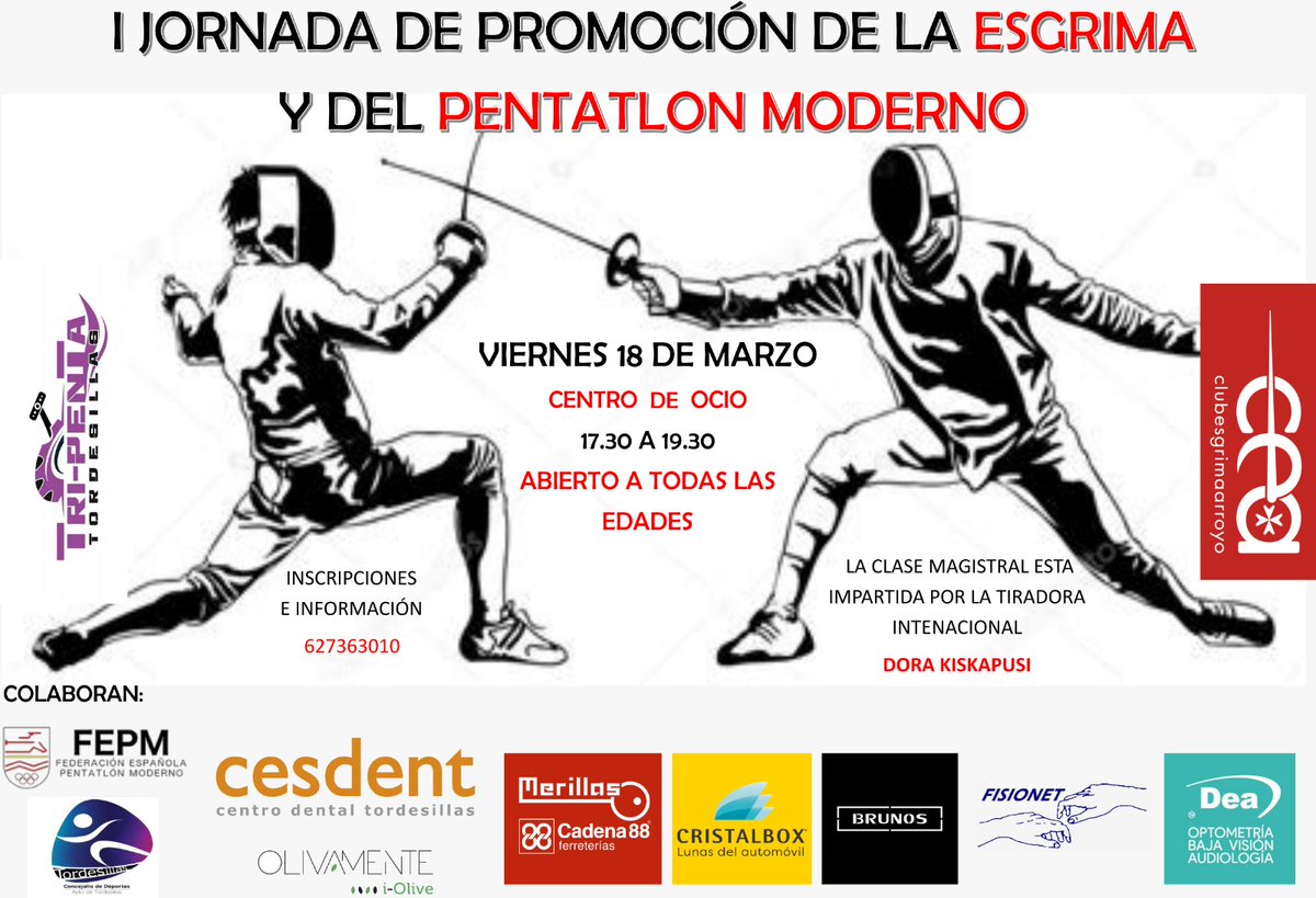 kikosmg's tweet photo. I Jornada de promoción de la Esgrima y el Pentatlón Moderno
Viernes 18 de Marzo, Centro de Ocio, 17:30 a 19:30, Abierto a todas las edades
La clase magistral está impartida por la tiradora internacional Dora Kiskapusi
@kiskapusi @jgonzalezvega1 @_OHYP_TORDE https://t.co/LHkN19juX9