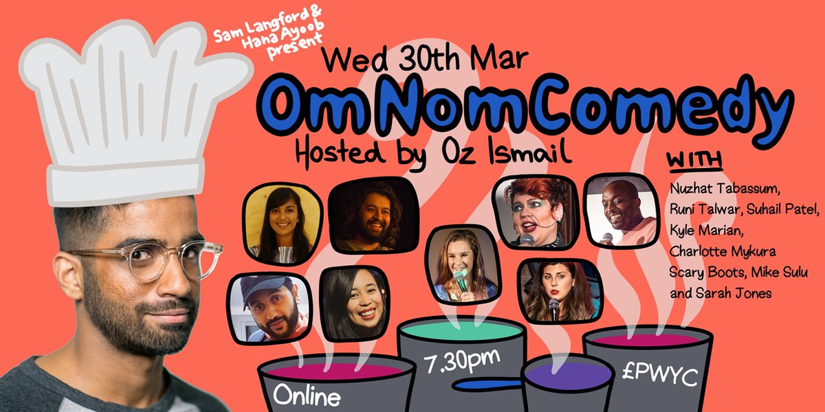 samandhana's tweet photo. Setting the laughs at Gas Mark 5, sprinkling in some hilarious comedians &amp; serving on a virtual platter, it's 🍲OmNomComedy🍲

A new show, hosted by @ozy_ismail exploring the world of food!

📅30 Mar
⏰7.30pm BST

Pay-what-you-can tickets available now! 

https://t.co/6RF4jo9Hj4 https://t.co/AnkGhlgLAM