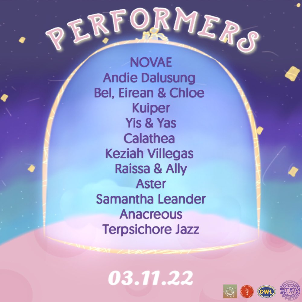 stemsolace's tweet photo. The universe is set 🌍 and the stars have aligned 🌟 as the planets are about to showcase their enchanting talents! 🪐 Watch out as we launch a show of a lifetime this coming March 11, 2022! ☄️

SOLACE: Gift Among the Stars by STEM 2022 presents the updated list of performers! 💐 https://t.co/EpWUVV21HT