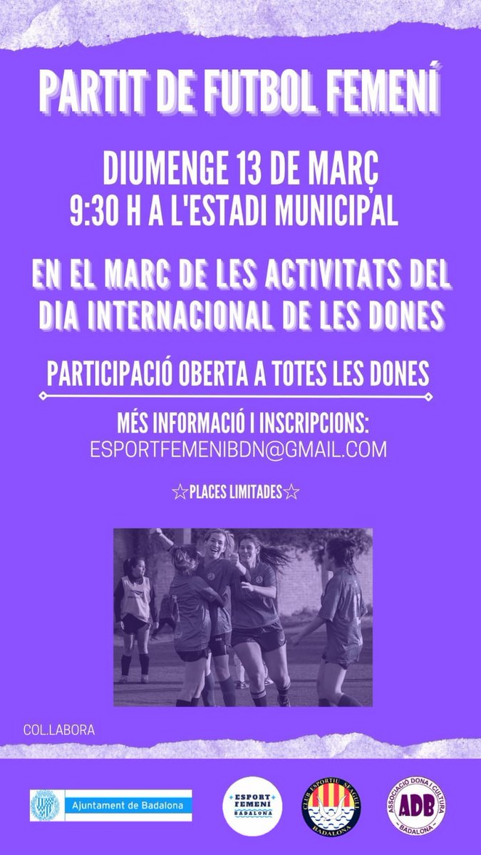 EsportFemBDN's tweet photo. Aquest diumenge, partit de futbol de dones! Obert al públic i gratuït.
Per participar com a jugadora, pots inscriure't aquí: 
ℹesportfemenibdn@gmail.com 
ℹWhatsApp 717 700 410 
(⤵️) https://t.co/OU0QdVWQXh