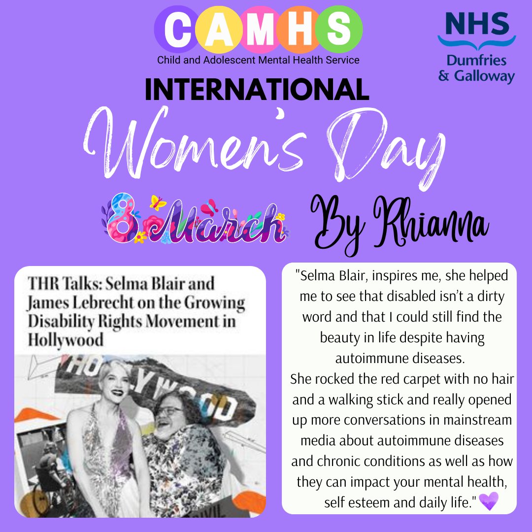 CAMHS_DG_NHS's tweet photo. Who inspires me... by Rhianna and Erin, two members of our CAMHS Young People's Mental Health Forum - Happy International Women's Day #IWD2022 #BreakTheBias #HappyWomensDay @CAMHSNetwork @YesDumfries @DGNHS @DG_Improvers https://t.co/rz2GLUJjfx