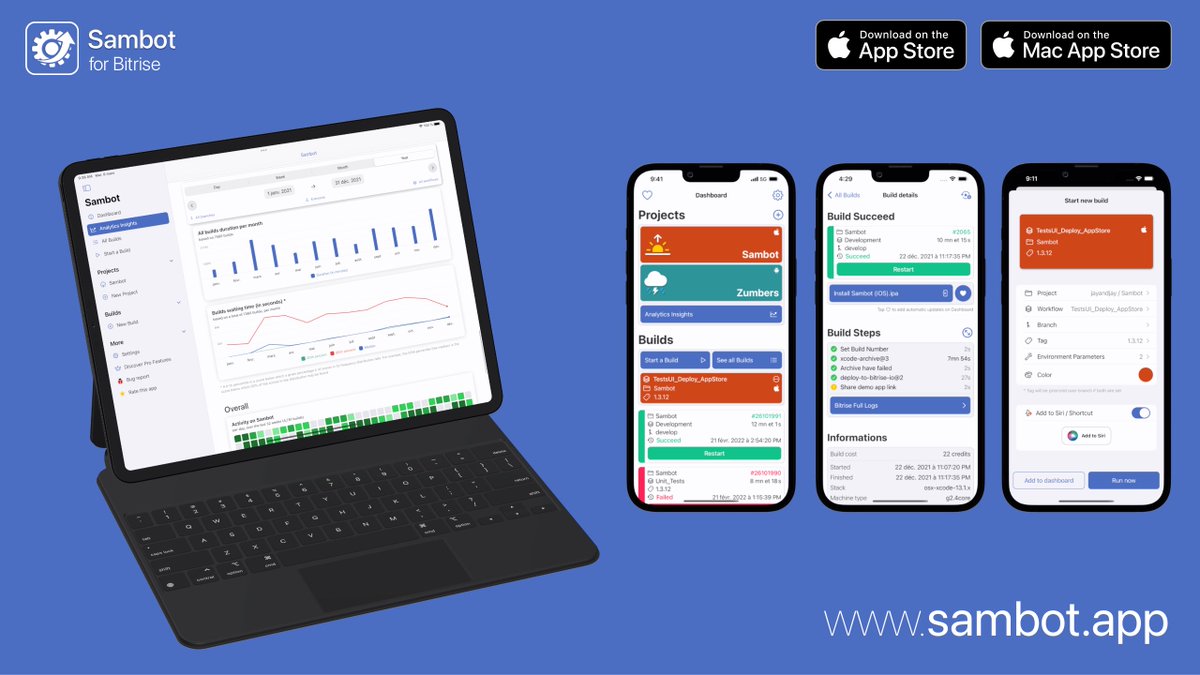 sambot_app's tweet photo. 🚨 Major Sambot update ‼️
💻 iPad & Mac support
📊 Analytics Insights improvements
📲 auto-update artifacts
Download it for free and discover how you can hugely improve your @Bitrise experience
#runWorkflow #installApp #superviseBuilds #optimizeCosts
👉 https://t.co/Jx52jNo9NK https://t.co/g3rLNBAvXb