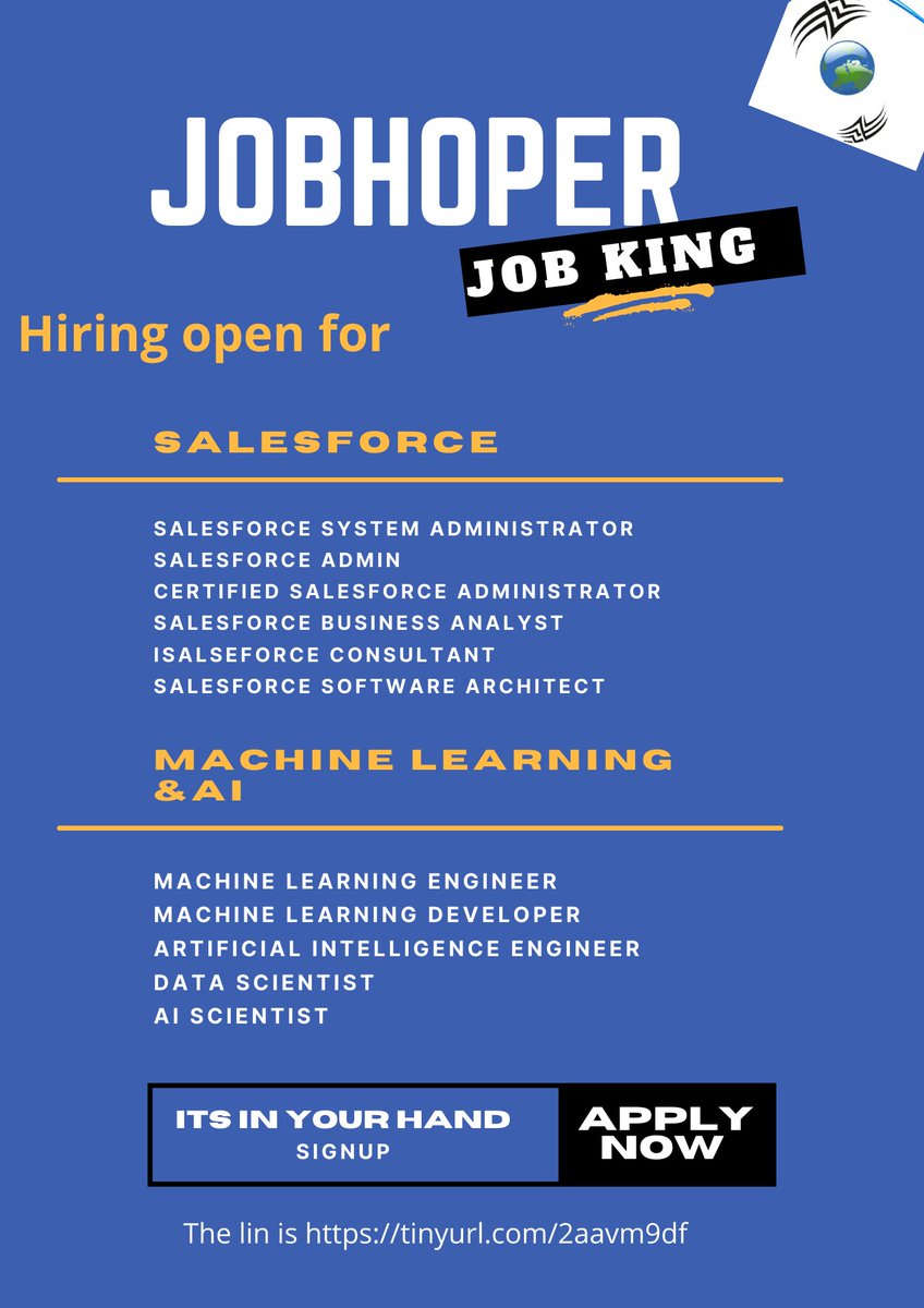 pk90055pankaj's tweet image. #hiring #jobs2022  #jobopportunity #opportunity #hiringimmediately #latestjobs #internationaljobs #machinelearningjobs #salesforcedeveloper #javadeveloper #javadeveloperjobs #pythondeveloper #pythonjobs #sapjobs  
Apply link is 
tinyurl.com/2aavm9df
thanks