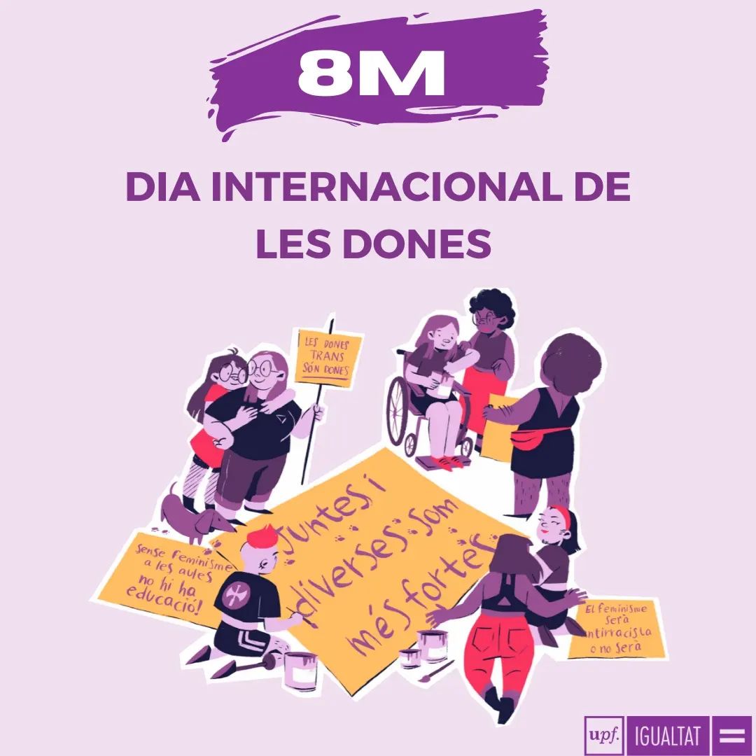 UPFBarcelona's tweet photo. 💜 #8m2022 💜
Juntes i diverses som més fortes!
¡Juntas y diversas somos más fuertes!
Together and diverse we are stronger!
#8MUPF #diainternacionaldelesdones @UPFigualtat https://t.co/My5UDWofUs