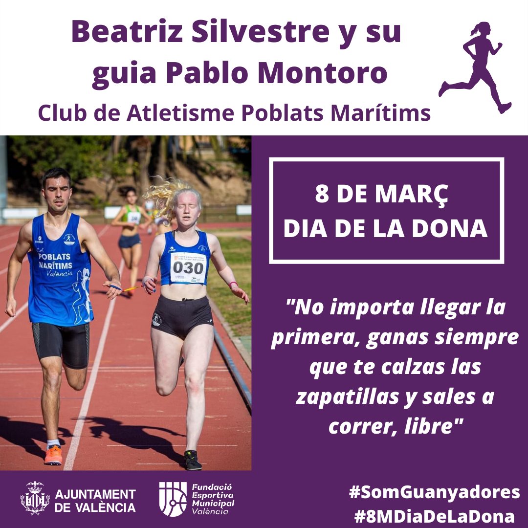 FDMValencia's tweet photo. 🏃🏻‍♀️ Al @ca_poblats  tenen clar que la igualtat i la inclusió són fonamentals

👏Moltes gràcies a Beatriz Silvestre i al seu guia Pablo Montoro, i moltes gràcies també a Nagore Folgado García, per la seua participació a la campanya #somguanyadores♀️

#8M #8diadeladona https://t.co/ESRy3euboW