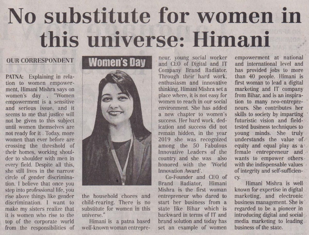 Excerpt from a media interview: Explaining her views on women empowerment, our #PowerPuffCEO @HimaniMish says on #WomensDay “Women empowerment is a sensitive & serious issue & it seems that justice will not be given to the subject until women themselves are not ready for it.”