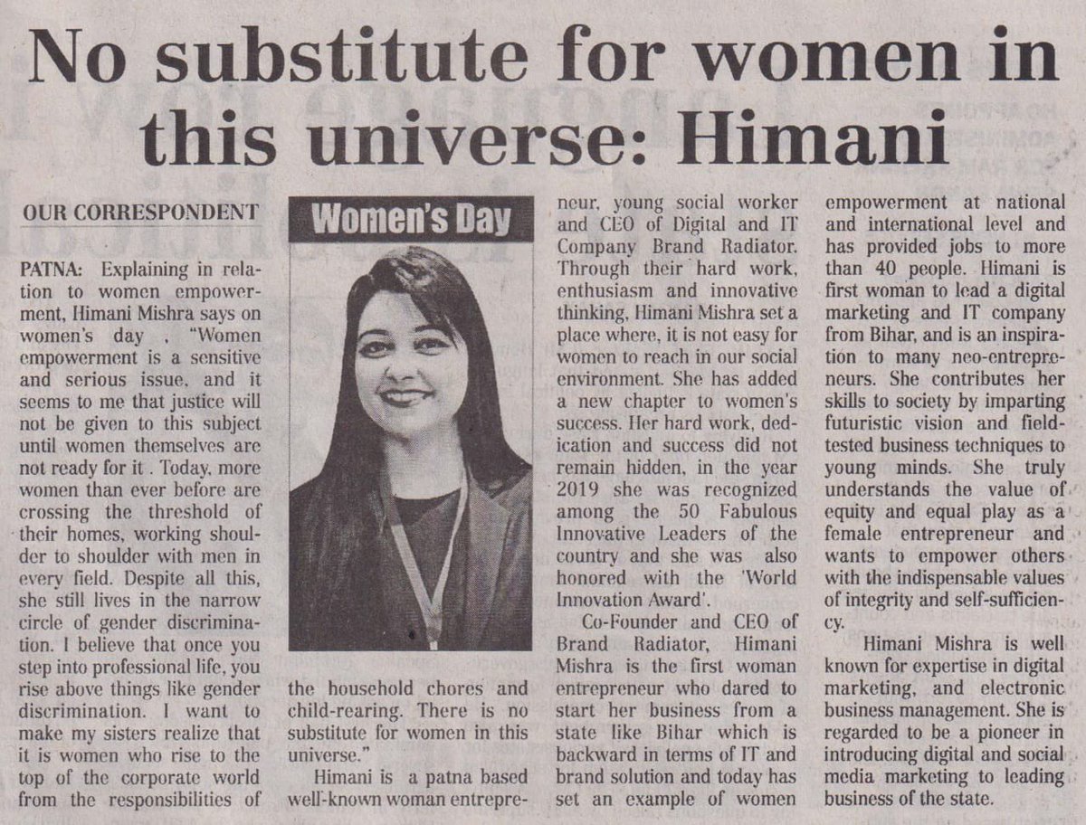 BrandRadiator's tweet photo. Excerpt from a media interview: Explaining her views on women empowerment, our #PowerPuffCEO @HimaniMish says on #WomensDay “Women empowerment is a sensitive & serious issue & it seems that justice will not be given to the subject until women themselves are not ready for it.” https://t.co/JIFW5hSq68