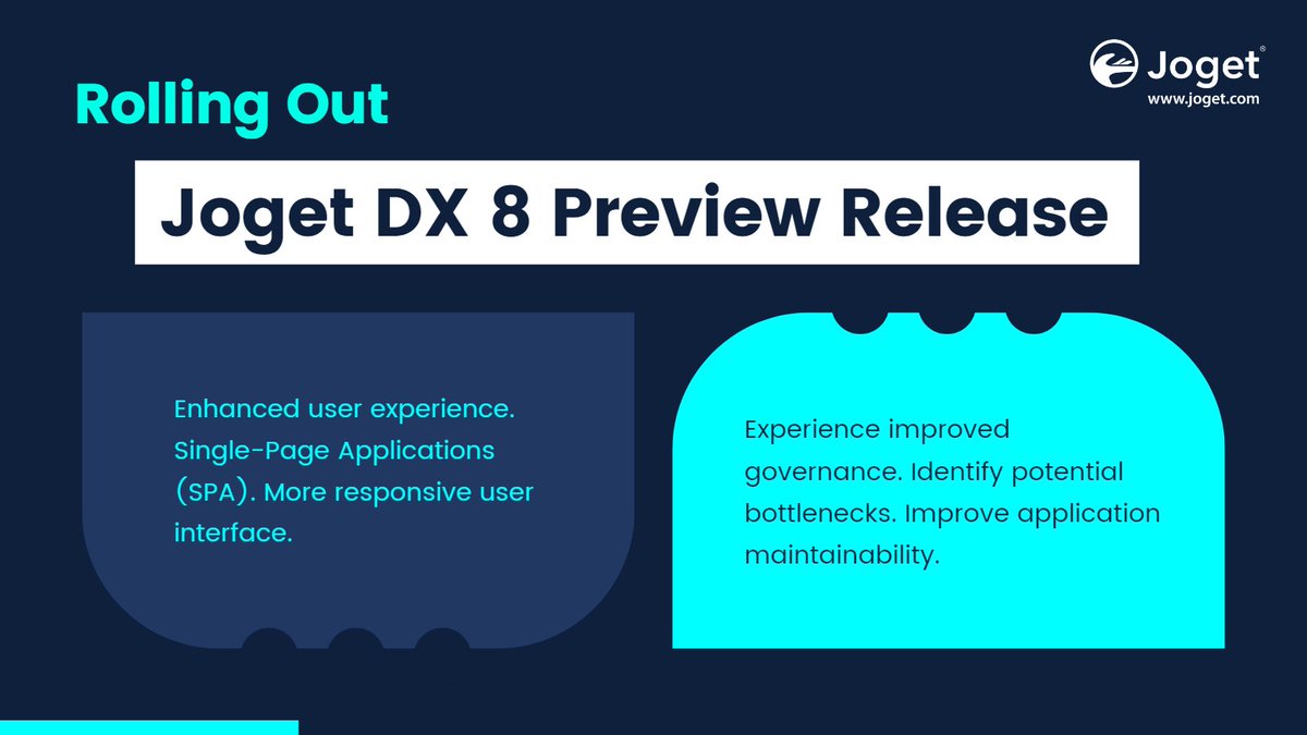 jogetworkflow's tweet photo. Joget DX 8 Preview Release is officially making its debut!
Designed with a focus on User Experience #UX and #Governance, this preview showcases the latest features and product innovations.
๐ https://t.co/3xYWOBLAxM
#NoCode #LowCode #OpenSource https://t.co/Ta8Sc1rPo9