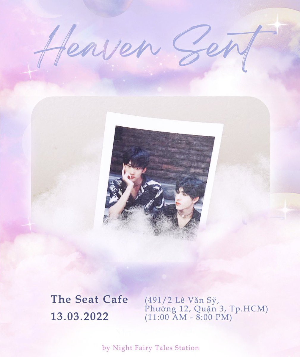 SongVu0510's tweet photo. 💖 𝐇𝐄𝐀𝐕𝐄𝐍 𝐒𝐄𝐍𝐓 | Freegift Event in HCMC by KEPAT VN 💖

Chào mừng quý vị Thính Giả đến với event “𝐇𝐄𝐀𝐕𝐄𝐍 𝐒𝐄𝐍𝐓: Trời sinh một đôi”.

🔗 https://t.co/LpMlmrFYN8
🗓 13/03/2022, 11h00 - 20h00
📍 The Seat Cafe, 491/2 Lê Văn Sỹ, P12, Q3, Ho Chi Minh City https://t.co/qIXEeGVsr2